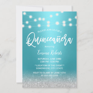 Modern turkos & Silver Glitter Quinceanera 15 Inbjudningar