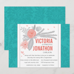 Modern turkos Teal Damask Wedding Inbjudningar