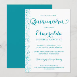 Modern turkos Teal Silver Gnistra Quinceanera Inbjudningar