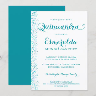 Modern turkos Teal Silver Gnistra Quinceanera Inbjudningar