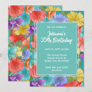 Modern turkos Watercolor Flora l25 Birthday Inbjudningar