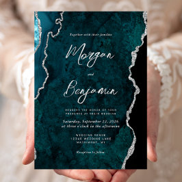 Modern turkosblå agat silver script bröllop inbjudningar