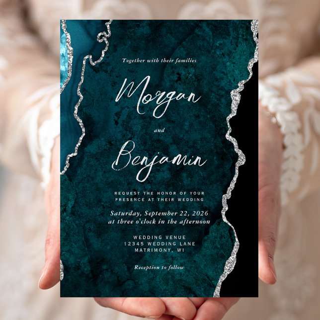 Modern turkosblå agat silver script bröllop inbjudningar (Skapare uppladdad)