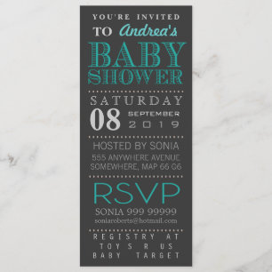 Modern turkostypografibaby shower Long Inbjudningar