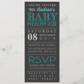 Modern turkostypografibaby shower Long Inbjudningar