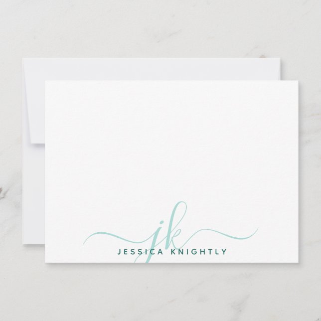 Modern turquise Script Monogram Initialer Anteckningskort (Framsida)