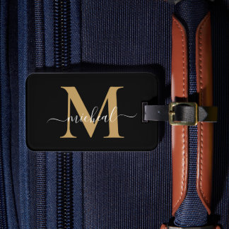 Modern Tuscany Guld & Svart Monogram Skriptnamn Bagagebricka