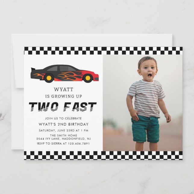 Modern två Fast Racecar Boy 2:a födelsedag Inbjudningar (Framsida)