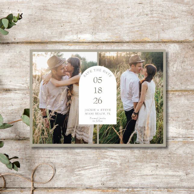 Modern två foto Arch Bröllop Spara Datumet (Modern Two Photo Arch Wedding Save The Date)