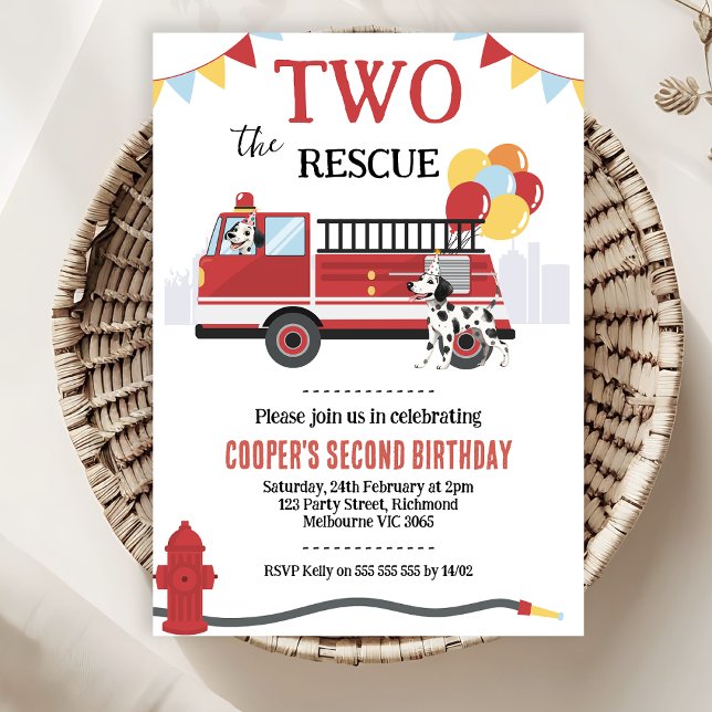Modern Två Räddning Brinnande Räddningsbil 2-årsda Inbjudningar (Two The Rescue 2nd Birthday Invitation Template Boy, Fire Engine 2nd Birthday Invitation, Dalmatians)