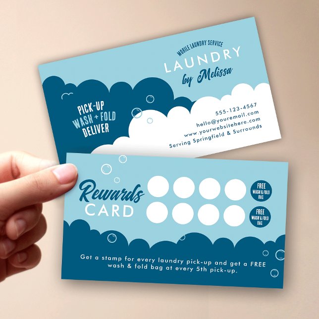 Modern tvättjänst blå och vit lojalitetskort (Modern laundromat customer loyalty cards in blue and white)
