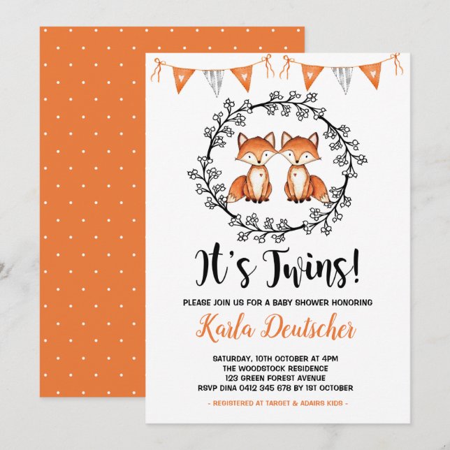 Modern Twillingar Fox Baby Shower Orange Black Par Inbjudningar (Fram/baksida)