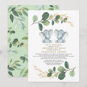 Modern Twin Elephant Greenery Baby Shower efter po Inbjudningar
