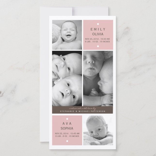 Modern Twin Girls Photo Baby Birth Notice Meddelande (Framsida)