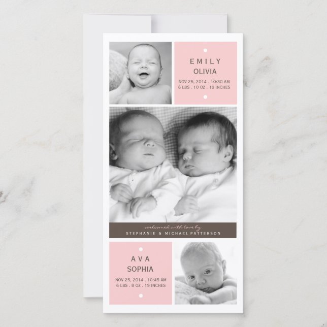Modern Twin Girls Photo Baby Birth Notice Meddelande (Framsida)