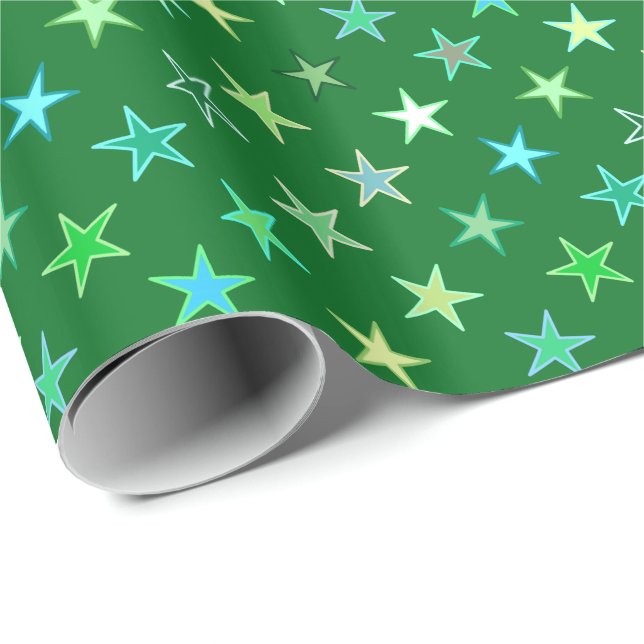 Modern twinkling Stars, Emerald and Lime Green Presentpapper (Rullad Hörn)