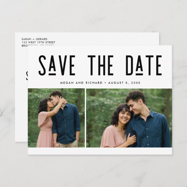 Modern Two Photo Wedding Save the Date Postcard Meddelande Vykort (Fram/baksida)