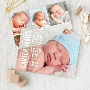 Modern Typ Baby Pojke Foto Vit Text Födelse Meddelande