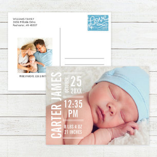 Modern Typ Baby Pojke Foto Vit Text Födelse Meddelande Vykort