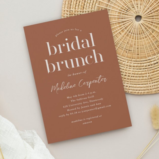 Modern Type Terracotta Boho Möhippa Brunch Inbjudningar (Simple type terracotta boho bridal brunch invitation.)