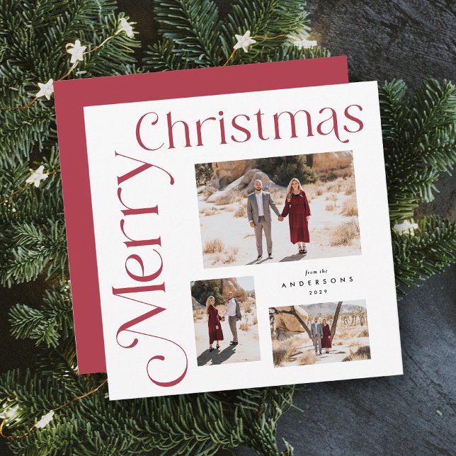 Modern typfoto av rött och vitt God jul Julkort (Red Merry Christmas Modern Type Photo Holiday Card - 5x5 Square)