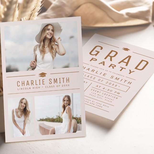  Modern Typografi 3-foto-Studentfest Inbjudningar (Blush Modern Typography 3 Photo Graduation Party Invitation)