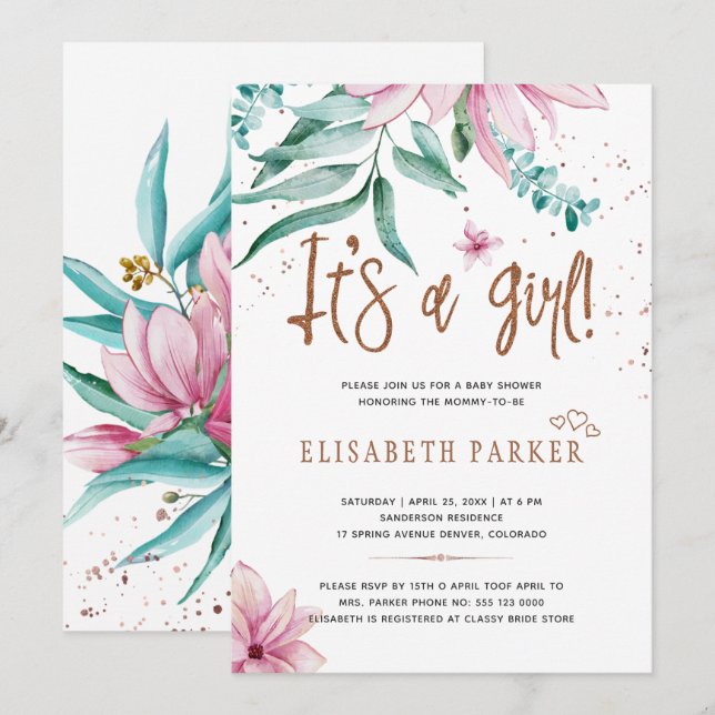 Modern typografi är en flicka blommande baby showe inbjudningar (Fram/baksida)