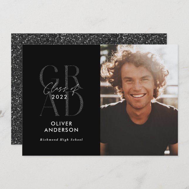 Modern typografi av studenten svart glitter i inbjudningar (Fram/baksida)