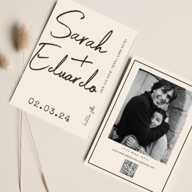 Modern typografi B&W-handskriftsfoto Qr-kod Spara Datumet (Skapare uppladdad)