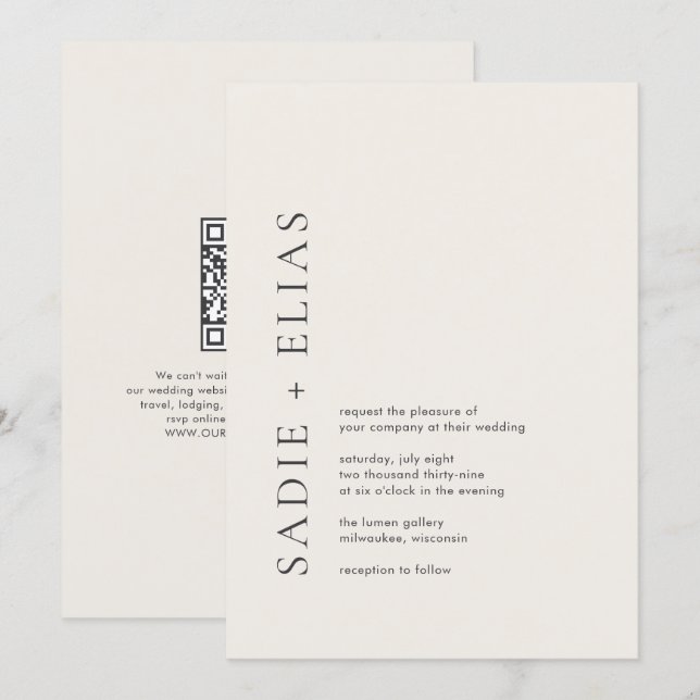 Modern typografi Beige Elegant QR-kod Bröllop Inbjudningar (Fram/baksida)