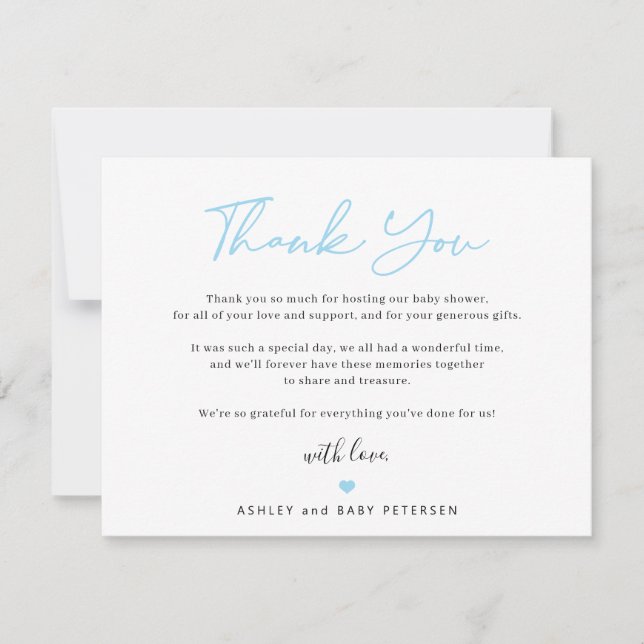 Modern typografi blå skript pojke baby shower tack kort (Framsida)