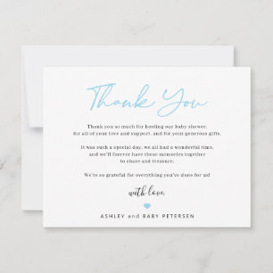 Modern typografi blå skript pojke baby shower tack kort