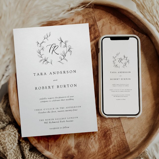 Modern Typografi Black & White Botanical Bröllop Inbjudningar (Skapare uppladdad)