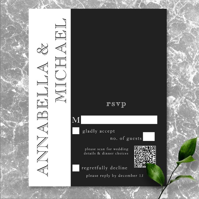 Modern Typografi Black White Bröllop QR OSA Kort (Modern Typography Black White Wedding QR Code RSVP Card)