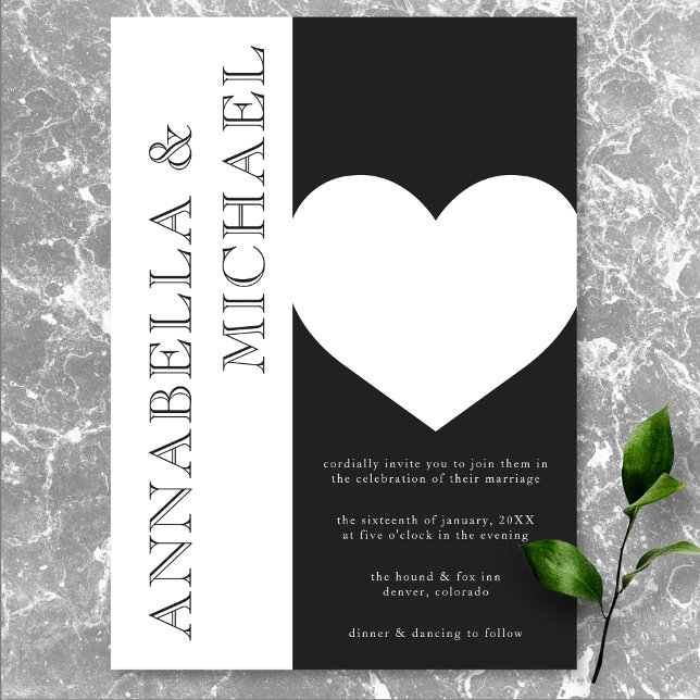 Modern Typografi Black White Heart Bröllop Inbjudningar (Modern Typography Black White Heart Wedding Invitation)