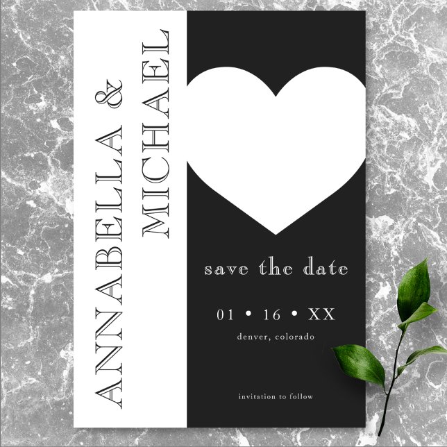 Modern Typografi Black White Heart Bröllop Spara Datumet (Modern Typography Black White Heart Wedding Save The Date)