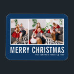 Modern typografi Blue Photo Collage jul Magnet<br><div class="desc">God jul! Skicka ditt varma önskemål den här säsongen med anpassadets fotokollage julmagnet. Den har enkel typografi med blå bakgrund. Anpassa genom att lägga till foton,  namn,  år och annan information. Denna moderna julmagnet finns tillgänglig i andra färg och andra djurhållare.</div>