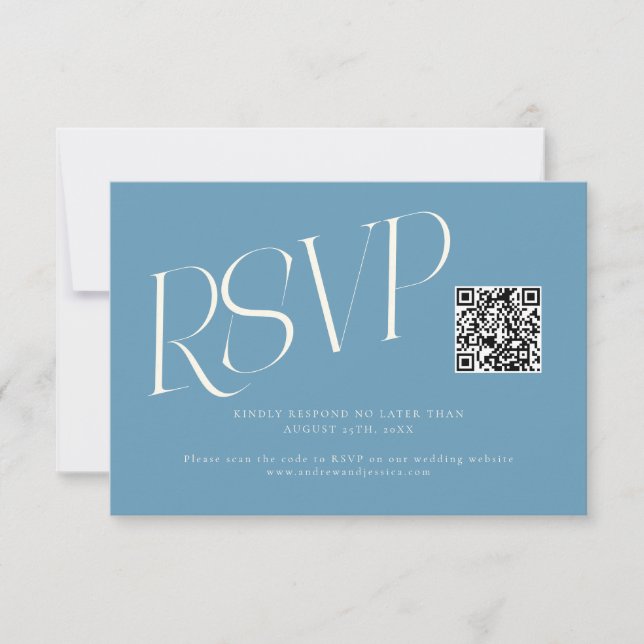 Modern typografi Bröllops QR-kod Denimblå OSA Kort (Framsida)