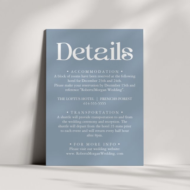 Modern typografi Dammt blå bröllopsdetaljer Tilläggskort (Skapare uppladdad)