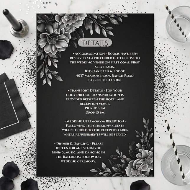 Modern typografi enfärgad svart vit blommor tilläggskort (Modern Typography Monochrome Black White Florals Enclosure Card)