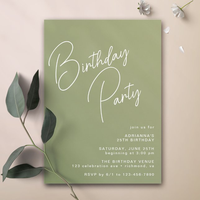 Modern typografi Enkelt Olive Sage Grönt Birthday Inbjudningar (Skapare uppladdad)