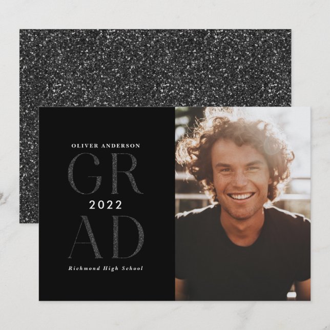 Modern typografi, foto studenten svart glitter inbjudningar (Fram/baksida)