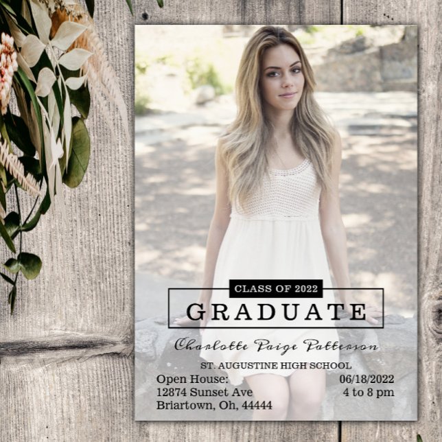 Modern typografi - foto Studenten | Svart Inbjudningar (Black Modern Typography Photo Graduation Party Invitation)