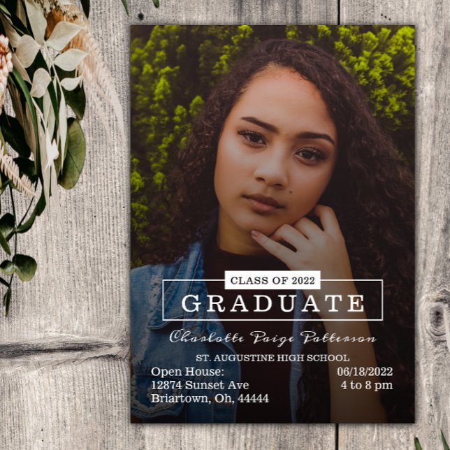 Modern typografi - foto Studenten | Vit Inbjudningar (White Modern Typography Photo Graduation Party Invitation)