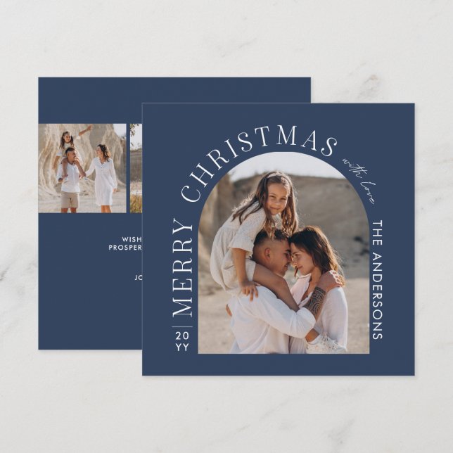Modern typografi fotokollage blå jul julkort (Fram/baksida)