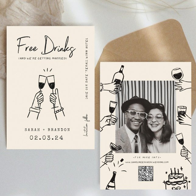 Modern typografi FunnyFree Drinks Photo Qr-kod Spara Datumet (Skapare uppladdad)