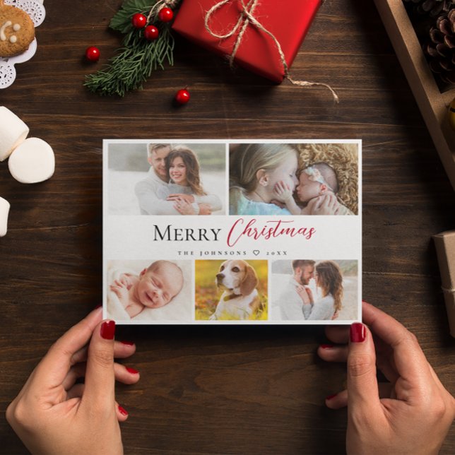 Modern Typografi God jul Många Foton Julkort (Merry Christmas Family photo collage Holiday card.)
