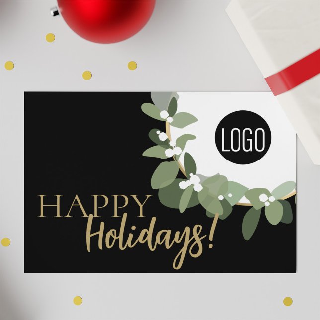 Modern typografi Grönt krans Happy Holidays logoty Julkort (Happy Holidays Green Wreath custom business logo corporate greeting card)
