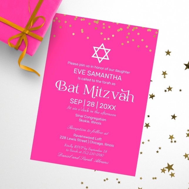 Modern typografi Guld Confetti Rosa Bat mitzvah Inbjudningar (Skapare uppladdad)