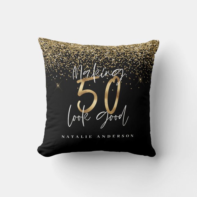 Modern typografi guld glitter chic 50 år  kudde (Framsida)